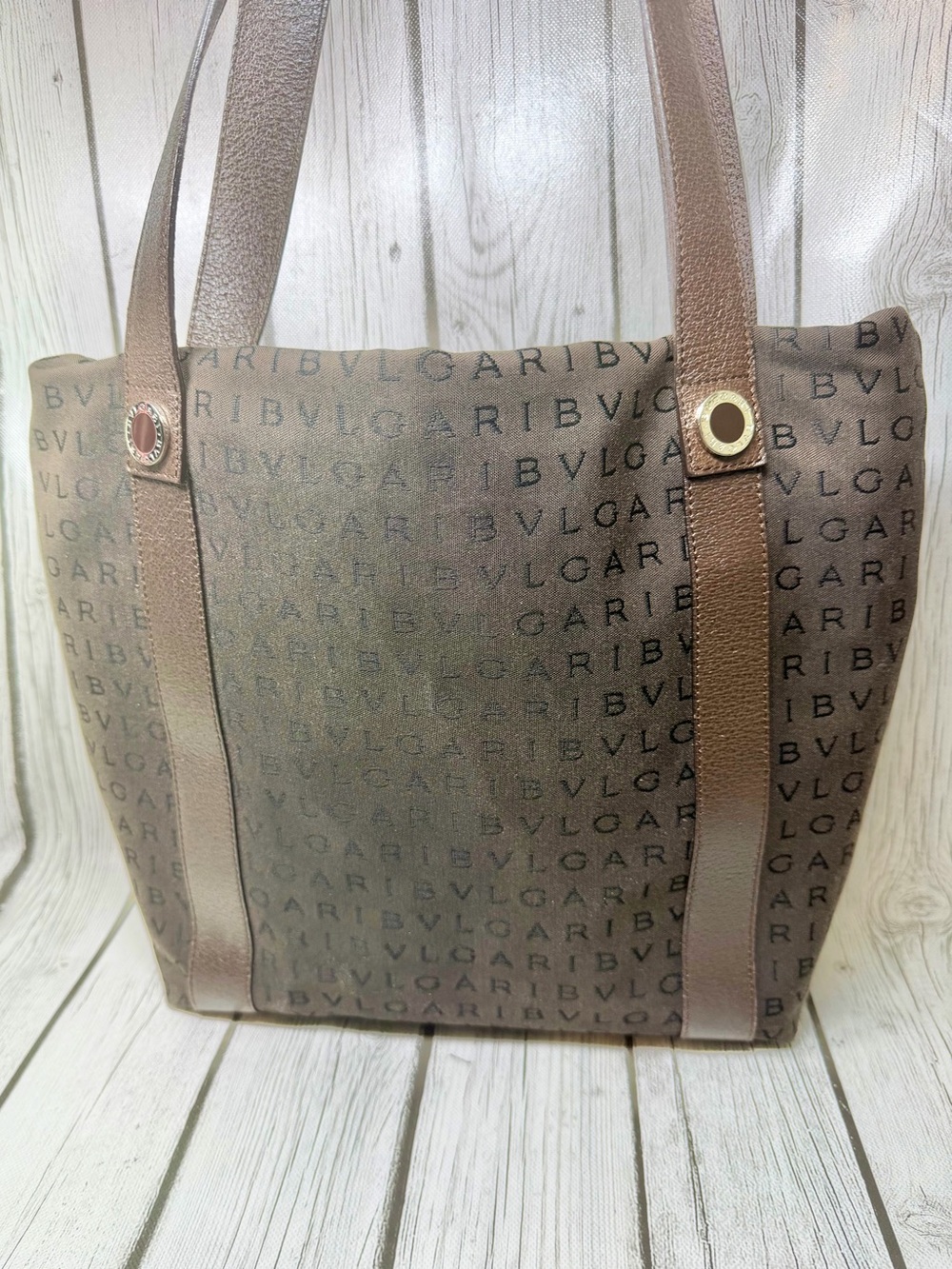 PRE LOVED BVLGARI Logo Mania Shoulder Tote Bag canvas leather Brown